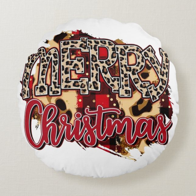 Buffalo Plaid Christmas, Merry Christmas, Xmas Round Cushion (Front)