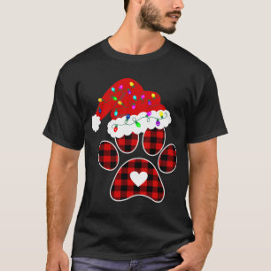 Buffalo Plaid Christmas Paw Dog with Santa hat Lig T-Shirt