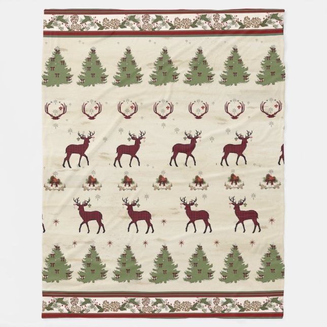 Buffalo Plaid Christmas Pine Trees Deer Antlers Fleece Blanket (Front)