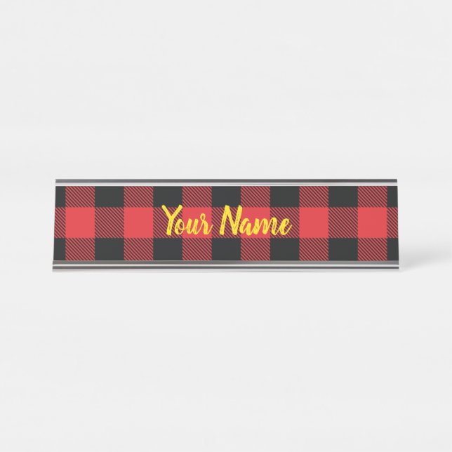 Buffalo Plaid Christmas Red and Black Check Desk Name Plate (Front)