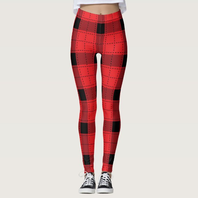Buffalo Plaid Christmas Red And Black Patterned Leggings (Front)
