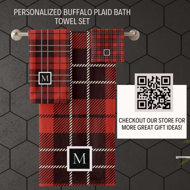 Buffalo Plaid Christmas Red White Black Patterned Bath Towel Set (Creator Uploaded)