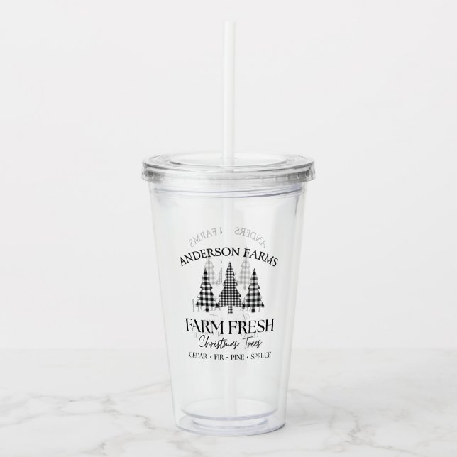 Buffalo Plaid Christmas Tree Farm Black White Acrylic Tumbler (Front)