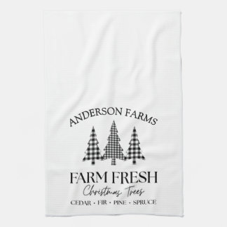 Buffalo Plaid Christmas Tree Farm Black White Tea Towel