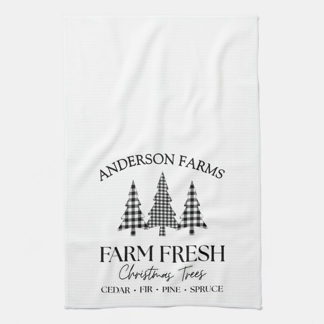 Buffalo Plaid Christmas Tree Farm Black White Tea Towel (Vertical)
