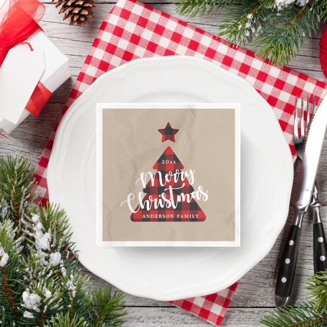 Buffalo Plaid Christmas Tree Kraft Monogram Napkin (Creator Uploaded)