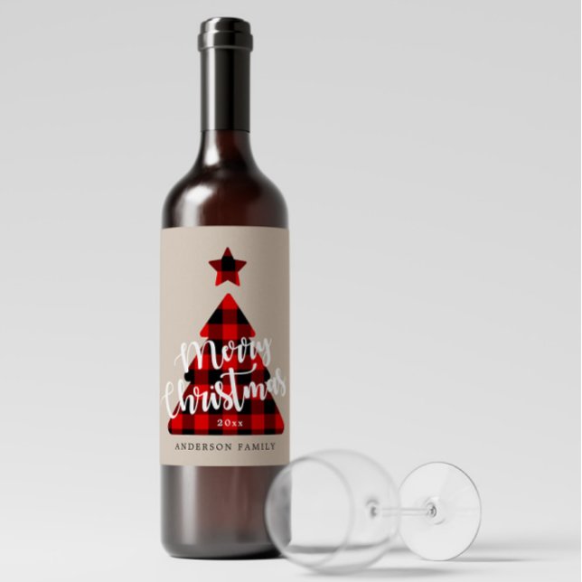 Buffalo Plaid Christmas Tree Kraft Wine Label (Creator Uploaded)