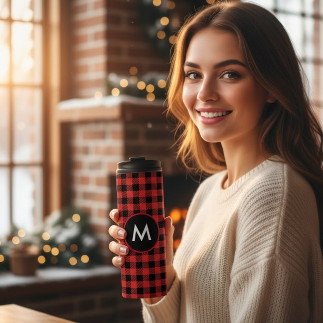 Buffalo Plaid Christmas Tree Monogram Thermal Tumbler (Creator Uploaded)