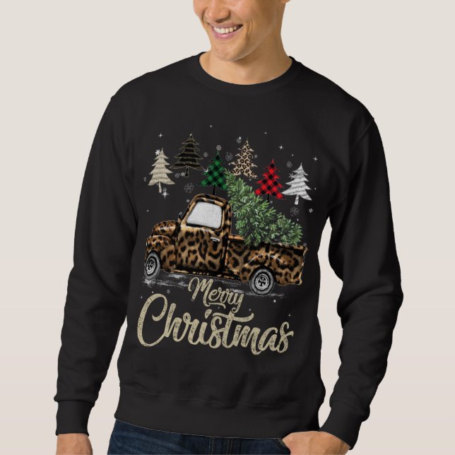 Buffalo Plaid Christmas Tree Red Truck With Leopar Sweatshirt (Front)