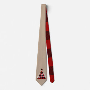 Buffalo plaid Christmas tree whimsical script Tie