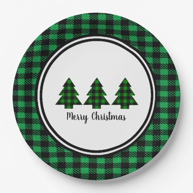 Buffalo Plaid Christmas Trees and Border Paper Plate (Front)