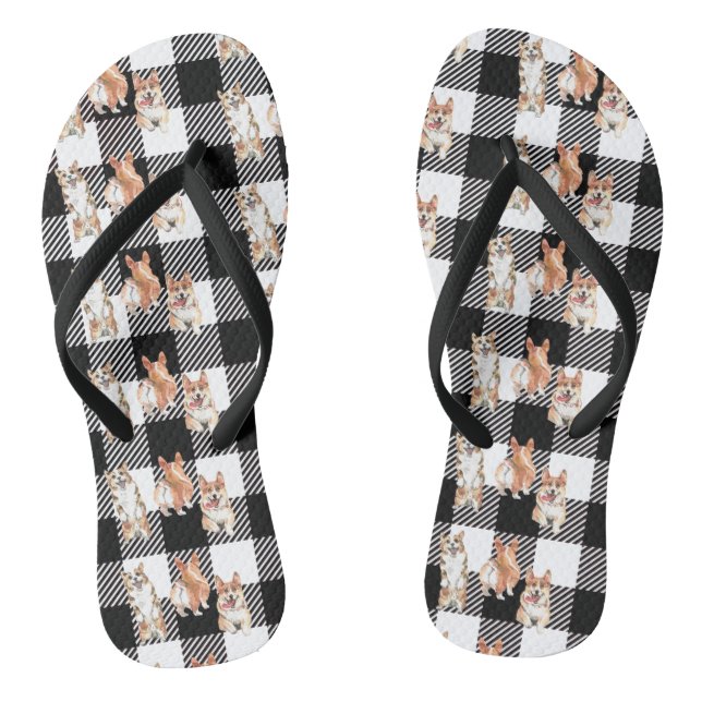 Buffalo Plaid Corgi Dog Watercolor  Thongs (Footbed)