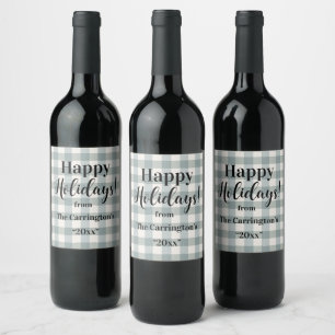 Buffalo Plaid Country Farmhouse Happy Holidays Wine Label