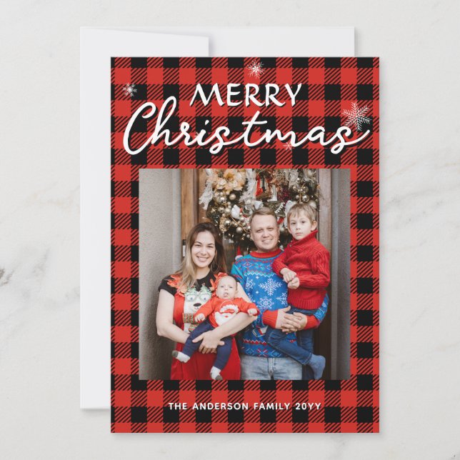 Buffalo Plaid Custom Photo & Name Merry Christmas  Holiday Card (Front)