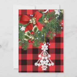 Buffalo Plaid Custom White Christmas Tree Holiday Card