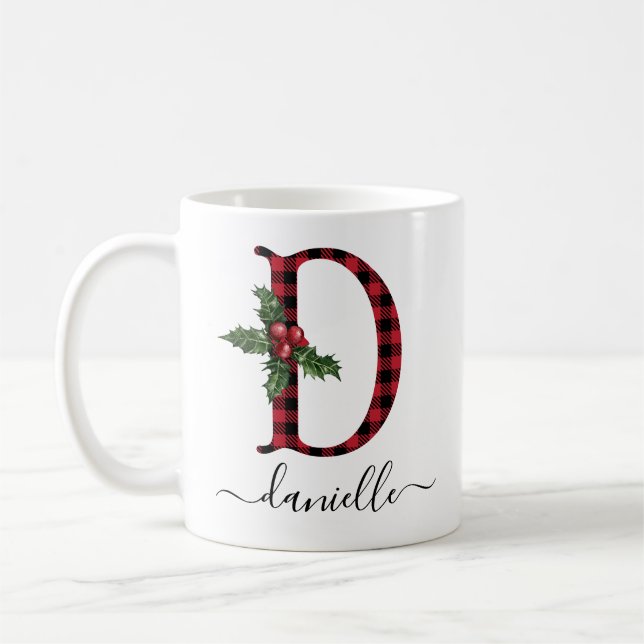 Buffalo Plaid D Monogram Christmas Coffee Mug (Left)
