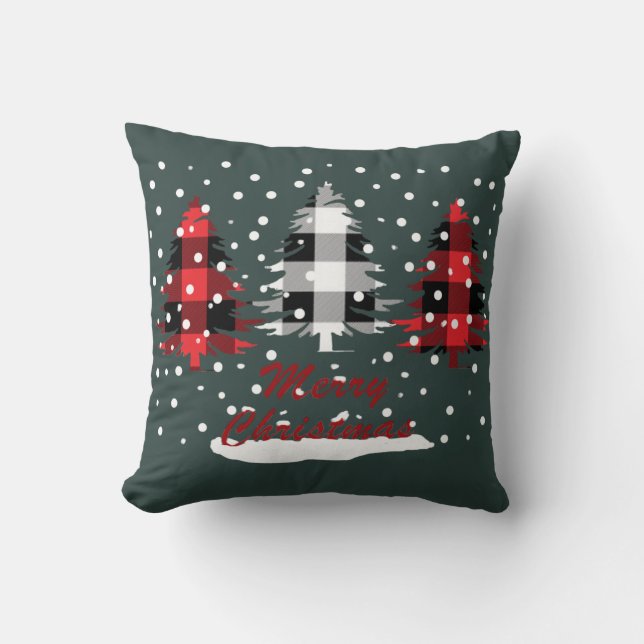 buffalo plaid decorated christmas pine trees cushion (Front)