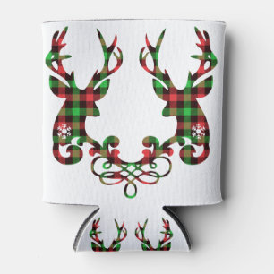 Buffalo Plaid Deer Deer Christmas Antlers Holiday Can Cooler