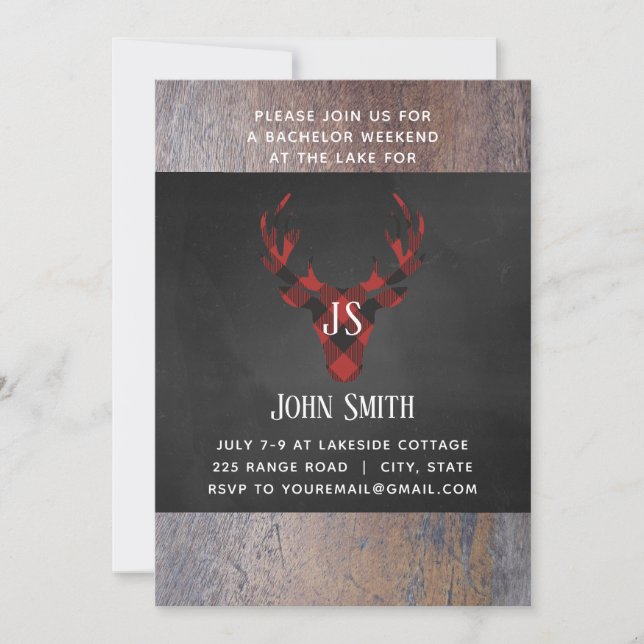 Buffalo Plaid Deer Head Monogram Bachelor Party Invitation (Front)