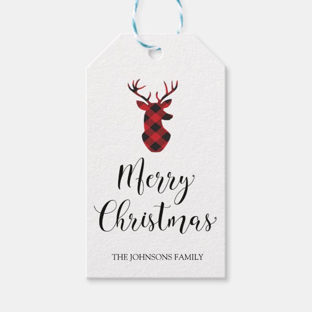 Buffalo Plaid Deer Merry Christmas Gift Tag (Front)