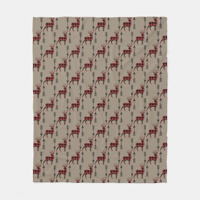 Buffalo Plaid Deer on Tan Pattern Fleece Blanket (Front)
