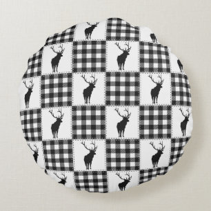 Buffalo Plaid Deer Rustic Woodland Pattern Round Cushion