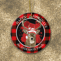 Buffalo Plaid Deer Santa Hat Ceramic Ornament
