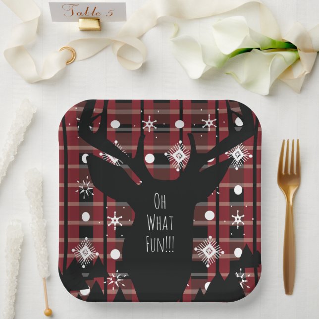 Buffalo Plaid Deer Snowflakes Christmas Party Paper Plate (Wedding)