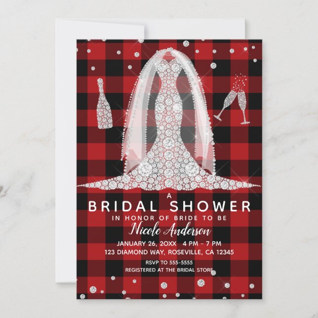 Buffalo Plaid Diamond Wedding Dress Bridal Shower Invitation (Front)