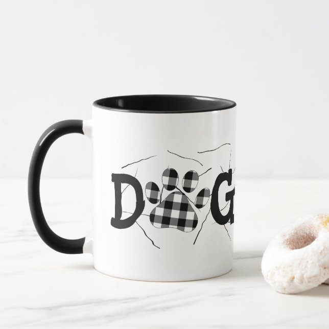 Buffalo Plaid Dog Mum Pawprints and Hair  Mug (With Donut)