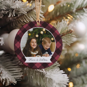 Buffalo Plaid Double Sided Personalised Photo Ceramic Ornament