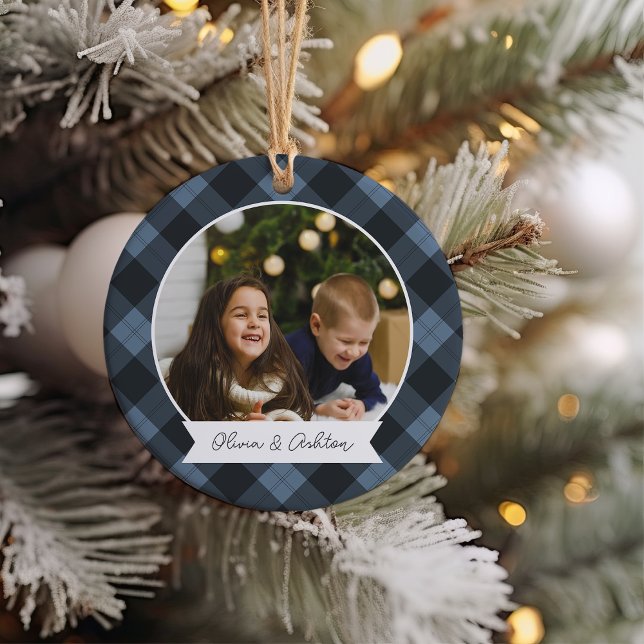 Buffalo Plaid Double Sided Personalised Photo Ceramic Ornament (Creator Uploaded)