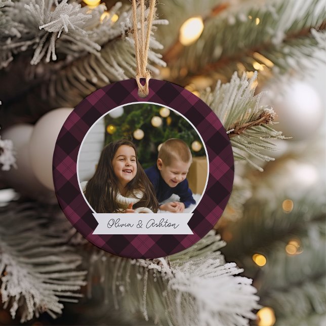 Buffalo Plaid Double Sided Personalised Photo Ceramic Ornament (Creator Uploaded)