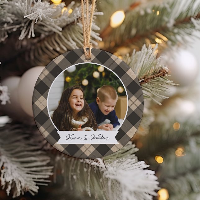 Buffalo Plaid Double Sided Personalised Photo Ceramic Ornament (Creator Uploaded)