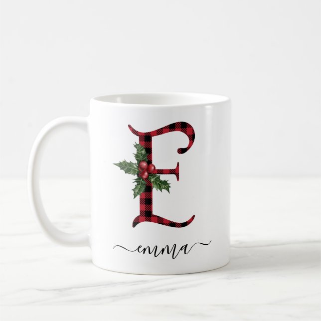 Buffalo Plaid E Monogram Christmas Coffee Mug (Left)