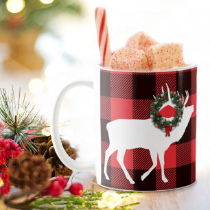 Buffalo Plaid Elk Silhouette Christmas Wreath Coffee Mug