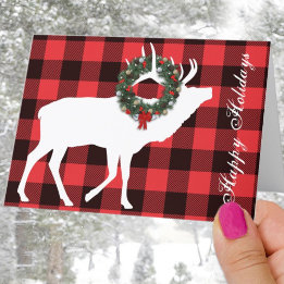 Buffalo Plaid Elk Silhouette Christmas Wreath Holiday Card