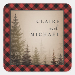 Buffalo Plaid Evergreen Trees Wedding Square Sticker