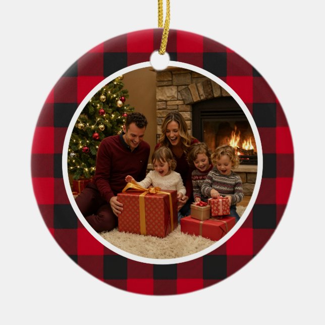 Buffalo Plaid Family Christmas Ceramic Ornament (Front)
