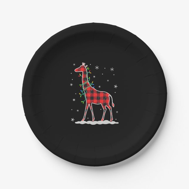 Buffalo Plaid Family Matching Giraffe Christmas Pa Paper Plate (Front)