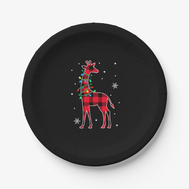 Buffalo Plaid Family Matching Giraffe Christmas Pa Paper Plate (Front)