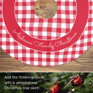 Buffalo Plaid Family Name Rustic Christmas Red Brushed Polyester Tree Skirt