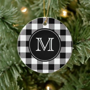 Buffalo Plaid  Farmhouse Black and White Monogram Ceramic Ornament