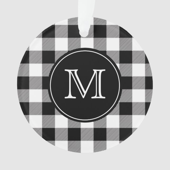 Buffalo Plaid Farmhouse Black and White Monogram Ornament (Front)