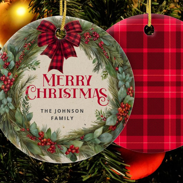 Buffalo Plaid Farmhouse Christmas Wreath Holly Ceramic Ornament (Creator Uploaded)
