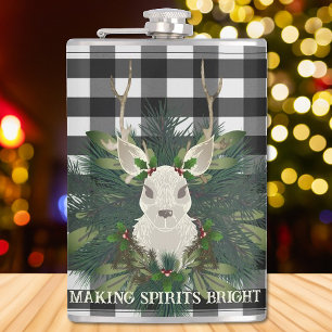 Buffalo Plaid Festive Reindeer Christmas Hip Flask