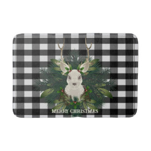 Buffalo Plaid Festive Reindeer Christmas Holiday Bath Mat