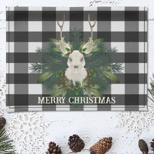 Buffalo Plaid Festive Reindeer Christmas Holiday Tea Towel