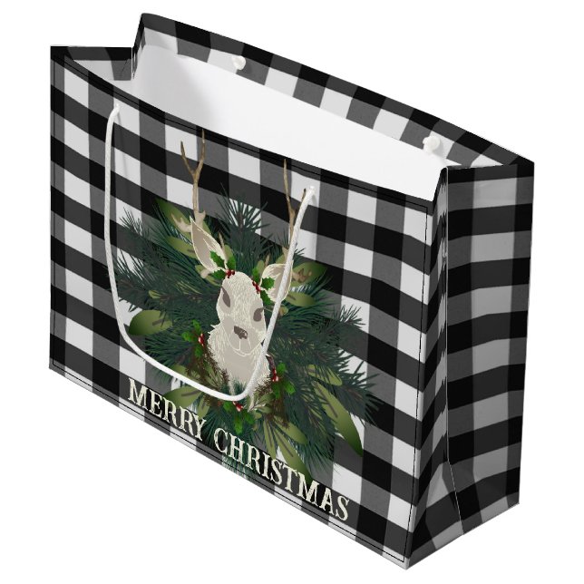 Buffalo Plaid Festive Reindeer Christmas Large Gift Bag (Front Angled)