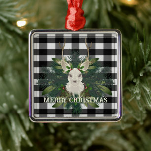 Buffalo Plaid Festive Reindeer Christmas Metal Ornament